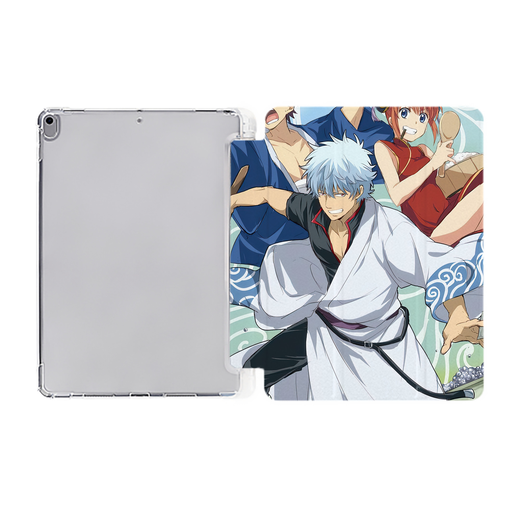 ぎんたま 坂田銀時（さかたぎんとき） 神楽 志村新八（しむら しんぱち） GINTAMA Sakata Gintoki Kagura Shimura Shinpachi IPad ケース ペン収納付き 三つ折りスタンド PUレザー×シリコン 対応機種9.5/10.5/10.9インチ